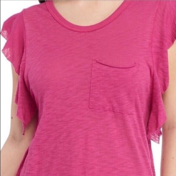 Free People So Easy Ruffle Sleeve Top Tee Fuchsia Pink Magenta Row Edges T-shirt - Picture 3 of 3